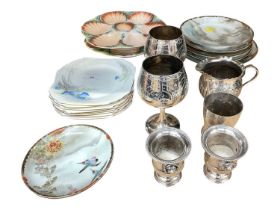 Pair of sarreguemines oyster plates, Japanese plates, Shelley tea plates, plated items and a set of
