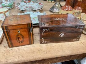 Small Georgian shell inlaid mahogany tea caddy and a mother of pearl inlaid rosewood box (2)