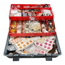 Large assortment of mixed buttons, including box of sewing accessories and an Elna sewing machine.