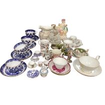 Group of decorative ceramics to include teaware, pair of Continental figures and other items