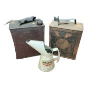 Two Vintage Shell fuel cans, together with a Mobil oil pouring jug, (3).
