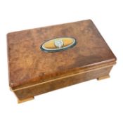 1960's Jaguar Cars burr walnut box with hinged lid, 24.5cm in length.