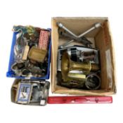 Vintage Riley distributor, brass Claxton horn, lot vintage gauges and automobilia