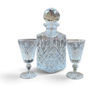 Vintage lead crystal cut glass decanter, engraved with Rolls - Royce badge, together with two glasse
