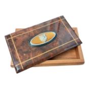 1960's Jaguar Cars burr walnut box with inlaid decoration, 21cm in length.