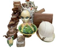 Group of sundry items to include Majolica, Staffordshire figures, helmet etc.
