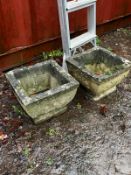 A PAIR OF WEATHERED CONCRETE SQUARE TAPERED PLANTERS, 36cm squared x height 26cm, ccondition report: