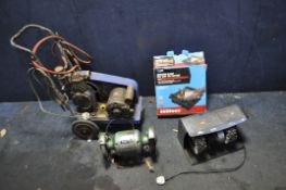 A VINTAGE AIR COMPRESSOR, a shoe shine wheel (both PAT pass and working), a Kamasa bench grinder