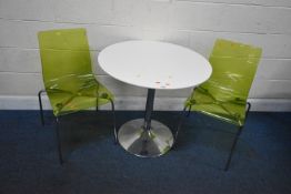 A WHITE CIRCULAR TABLE, raised on a chrome pedestal, diameter 80cm x height 75cm, along with a