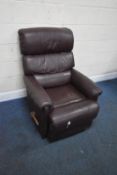 A LA Z BOY PURPLE LEATHER MANUAL RECLINING ARMCHAIR, width 84cm x depth 98cm x height 106cm,