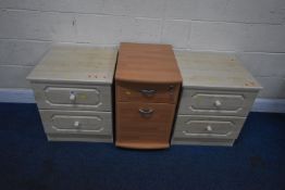 A PAIR OF MODERN TWO DRAWER BEDSIDE CHESTS, width 53cm x depth 50cm x height 59cm, along with a