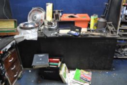 FOUR TRAYS CONTAINING AUTOMOTIVE TOOLS AND PARTS including micrometres, a Chobert riveter, depth