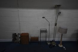 A SELECTION OF OCCASIONAL FURNITURE, to include two standard lamps, a telescopic lamp, a desk
