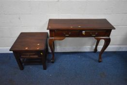 A MODERN HARDWOOD SIDE TABLE, with two frieze drawers, raised on cabriole legs, width 100cm x