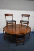 A MID-CENTURY TEAK EXTENDING DINING TABLE, with a single fold out leaf, raised on square tapered