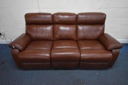 A BROWN LEATHER THREE SEATER ELECTRIC RECLINING SOFA, with head adjustment and usb sockets, length
