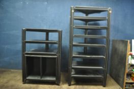 TWO TRIPOD SECTIONAL HI FI STANDS including seven section containing 11 shelves and a record cabinet