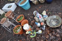 A COLLECTION OF GARDEN ORNAMENT AND TERRACOTTA POTS including two ceramic planters in wrought iron