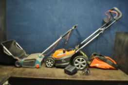 A YARD FORCE CORDLESS LAWN MOWER with one battery, charger, grass box (PAT pass and working) and a