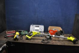 A COLLECTION OF POWER TOOLS including a Roberts R757 radio with two power supplies, a Ryobi cordless