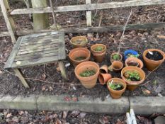 THIRTEEN TERRACOTTA PLANT POTS AND A HARDWOOD OCCASIONAL TABLE of various sizes and styles