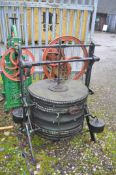 A VINTAGE 'LINLEY AND BINGHAM' OF SHEFFIELD INDUSTRIAL BELLOW, with a cast iron base, wood and