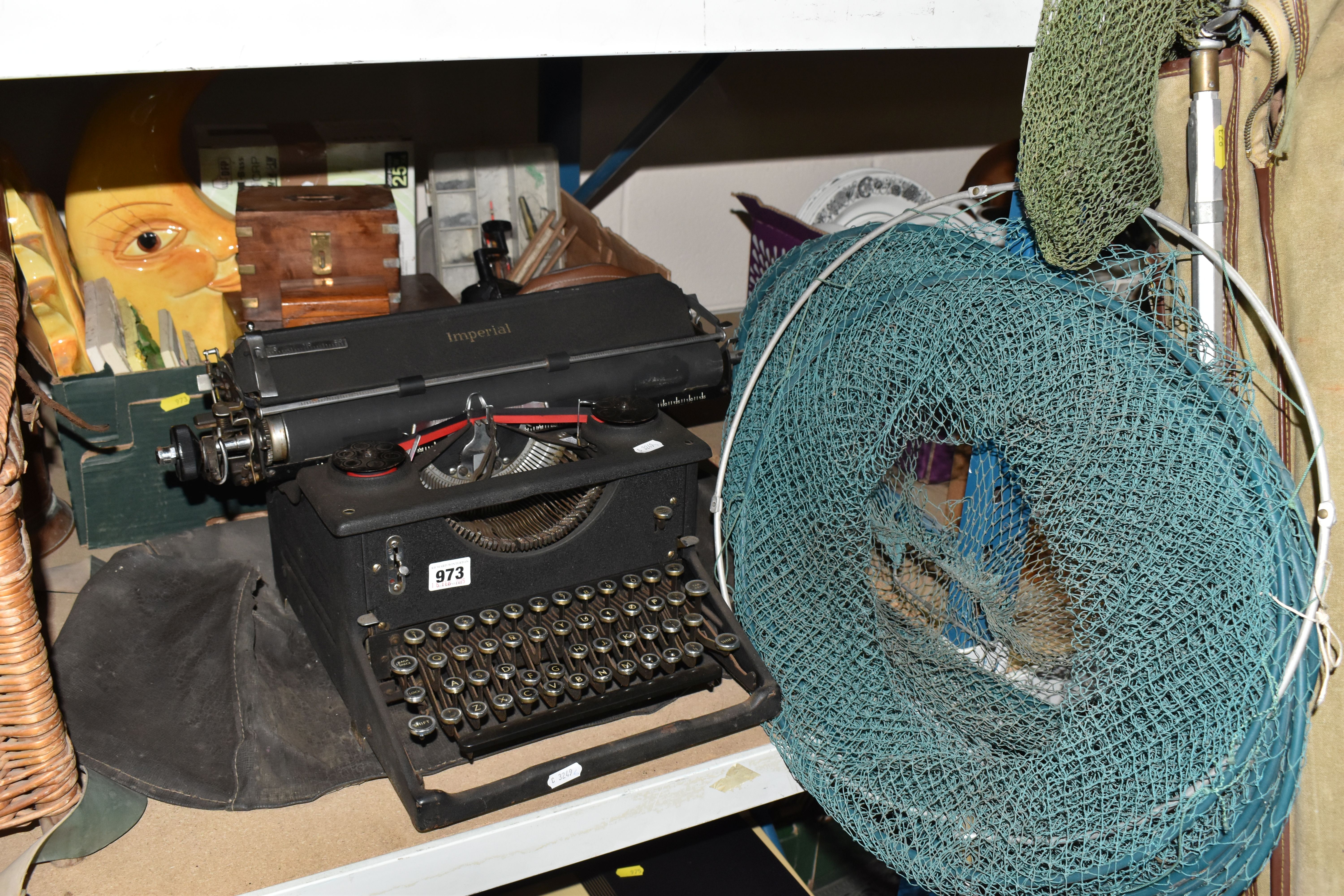 A BOX AND LOOSE FISHING INTEREST, TYPEWRITER AND SUNDRY ITEMS, to include fishing rods: Abu
