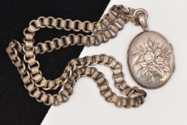A VICTORIAN SILVER OVAL LOCKET AND CHAIN, floral pattern to the oval locket, photo inside, fitted