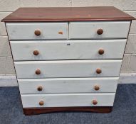 A MODERN STAINED AND PAINTED PINE CHEST OF TWO SHORT OVER FOUR LONG DRAWERS, width 84cm x depth 44cm