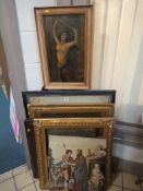 A SMALL QUANTITY OF PAINTINGS AND NEEDLEWORK PICTURES, comprising a oil on canvas landscape with