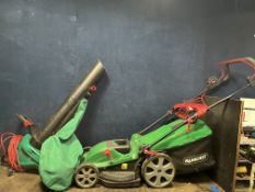 A QUALCAST ELECTRIC LAWN MOWER, with grass box and a Bosch Blower Vac (both PAT pass and working) (