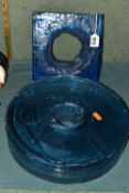 TWO PIECES OF STUDIO ART GLASS, comprising a large heavy blue glass sculpture in the form of a ring,