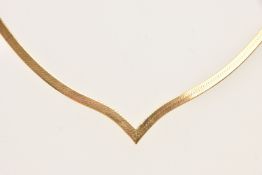 A 9CT YELLOW GOLD FLAT LINK CHAIN NECKLACE, wishbone design, fitted with a spring clasp, approximate