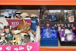 THREE BOXES AND LOOSE CERAMICS AND GLASS to include two boxed pairs of Edinburgh Crystal brandy