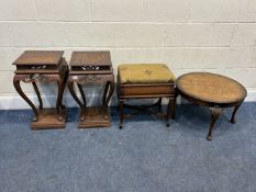 A PAIR OF HARDWOOD STANDS, with cabriole legs and undershelf, along with a piano stool with a button