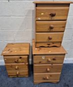A MODERN PINE THREE DRAWER BEDSIDE CHEST, width 47cm x depth 45cm x height 70cm, along with a pair