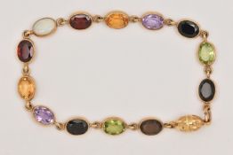 A 9CT YELLOW GOLD GEM SET BRACELET, oval cut stones to include opal, garnet, Citrine, amethyst,