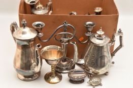 A BOX OF ASSORTED WHITE METAL WARE, to include teapots, coffee pots, sugar bowl, milk jug,