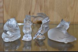 FOUR PIECES OF LALIQUE CRYSTAL ANIMAL THEMED FIGURES, comprising a figure of a panda, height 6.