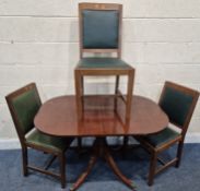 A MAHOGANY PEDESTAL TABLE, width 118cm x depth 82cm x height 73cm, along with a set of three oak