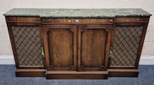 A REPRODUCTION REGENCY STYLE BREAKFRONT SIDEBOARD, with a green marble surface, fitted with four