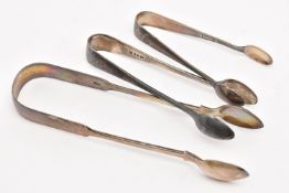 THREE PAIRS OF SILVER SUGAR TONGS, each with a full silver hallmark, approximate gross weight 73.3