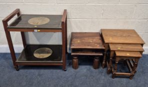 A TEAK TWO TIER TROLLEY, each tier with map inserts, width 71cm x depth 46cm x height 76cm, an oak