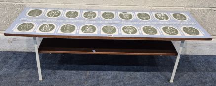 IN THE MANNER OF MYERS, A MID-CENTURY FORMICA TOP RECTANGULAR COFFEE TABLE, raised on a white