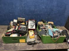 TWO TRAYS CONTAINING ELECTRICAL TEST EQUIPMENT, including meters by AVO, Megger, BT, Robin,