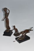 THREE BRONZE SCULPTURES, comprising a running cheetah, mounted on a black base, 'The Pursuit',
