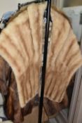 A BOX AND LOOSE CLOTHING AND ACCESSORIES, to include a brown fur coat, size 14, length 76cm, a tan