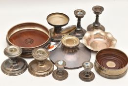 AN ASSORTMENT OF SILVER WEAR, to include three pairs of silver dwarf candlesticks on weighted bases,