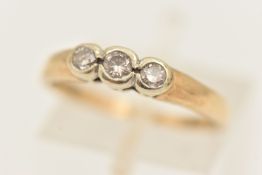 A 9CT GOLD DIAMOND THREE STONE RING, collet set with three round brilliant cut diamonds, estimated