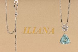 AN 18CT WHITE GOLD PARAIBA TOURMALINE AND DIAMOND PENDANT NECKLACE, set with a triangular cut